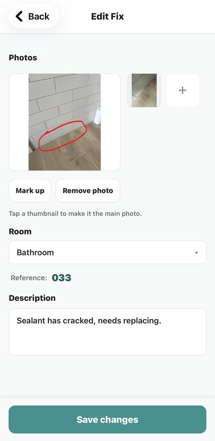Edit Fix screen showing photo markup and fix details