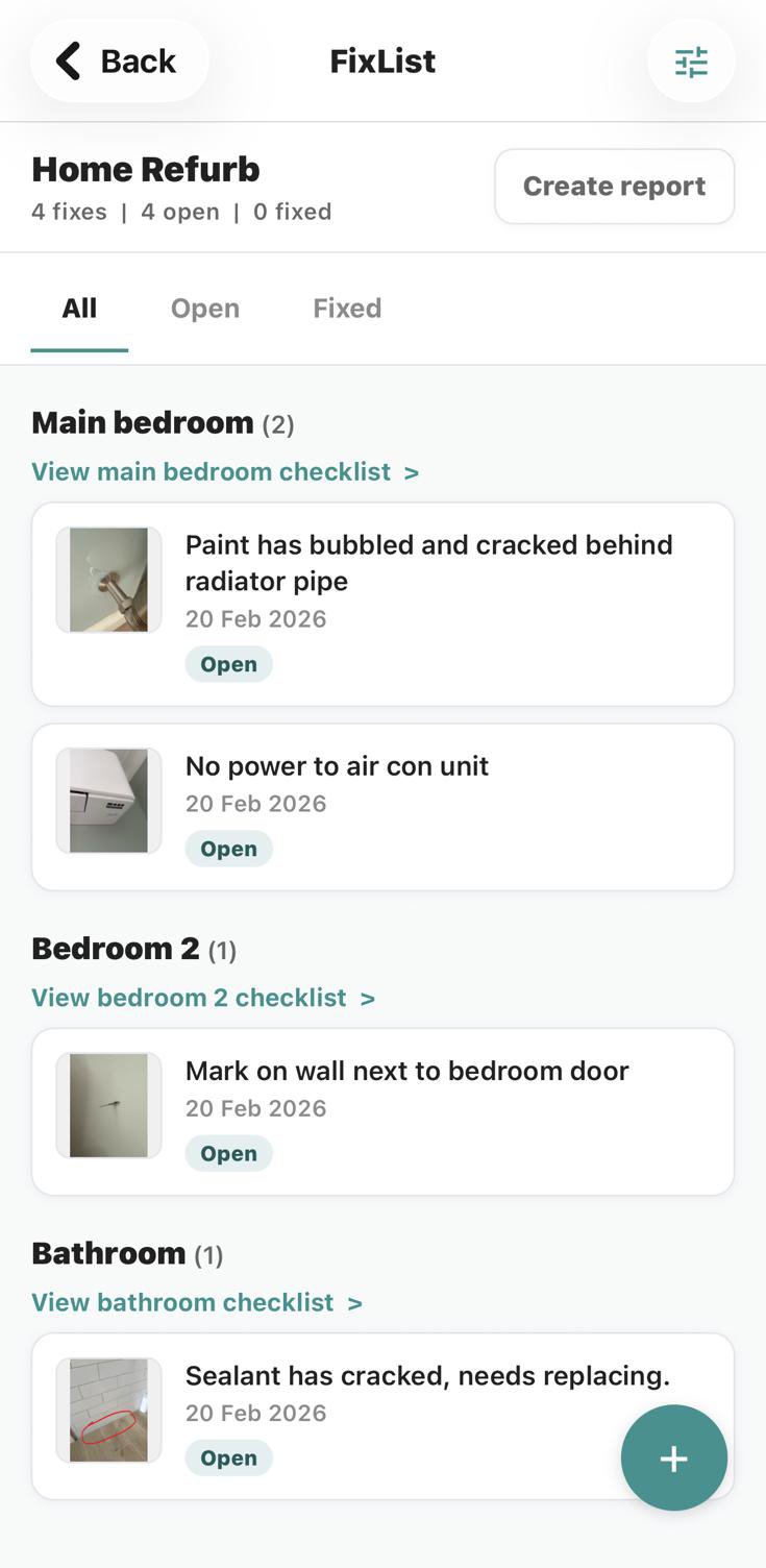 FixList app screen showing room-by-room fixes